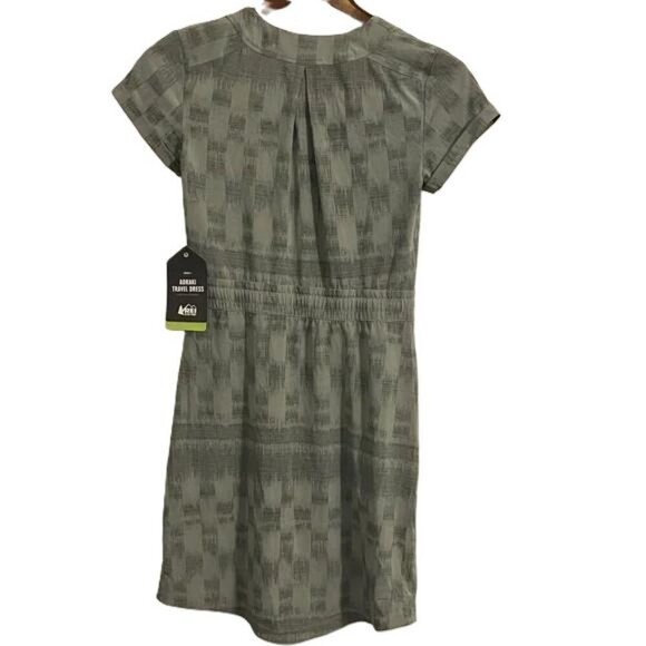 REI CoOp Womens XS Aorai Travel Dress Green Plaid Short Sleeve Drawstring Pocket - Picture 2 of 7